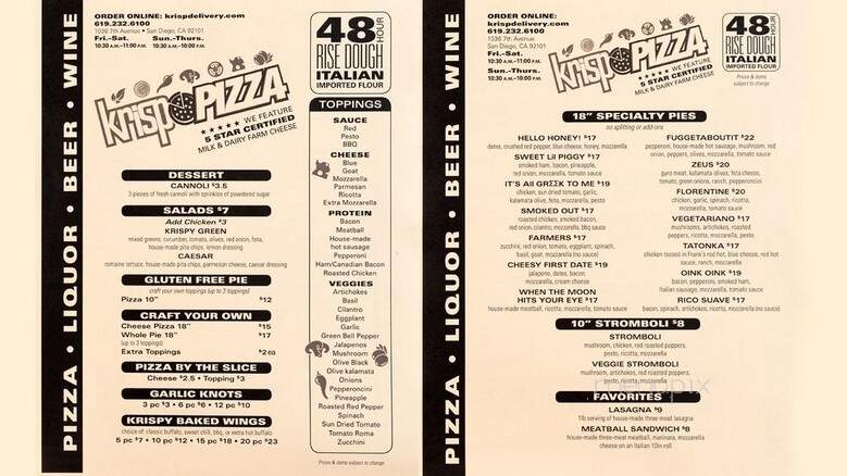 Krisp Pizza - San Diego, CA menu_pic