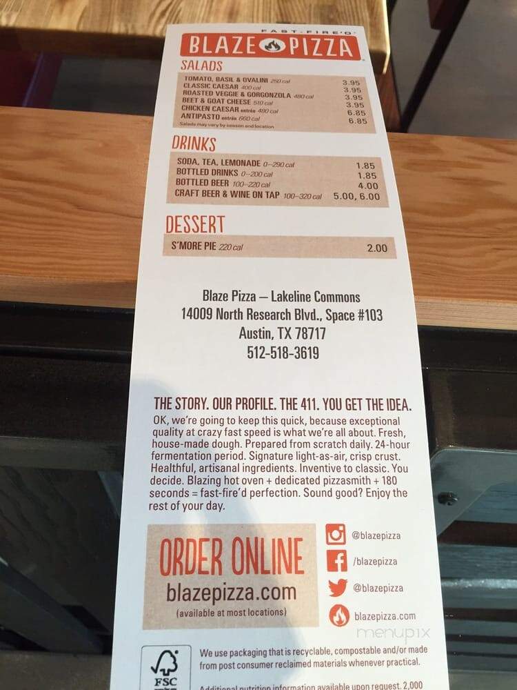 Blaze Fast-Fire'd Pizza - Austin, TX menu_pic