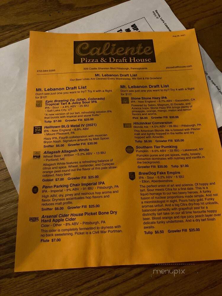 Caliente Pizza & Draft House - Castle Shannon, PA menu_pic