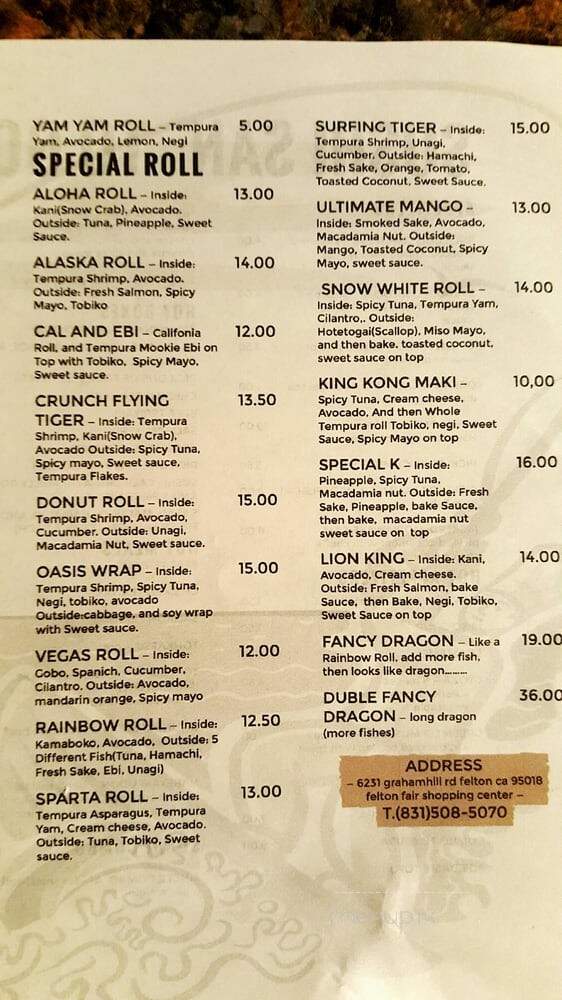 Sushi San - Felton, CA menu_pic
