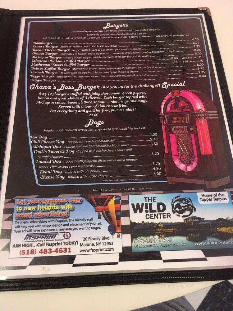 Ohana's 1950's Diner - Tupper Lake, NY menu_pic