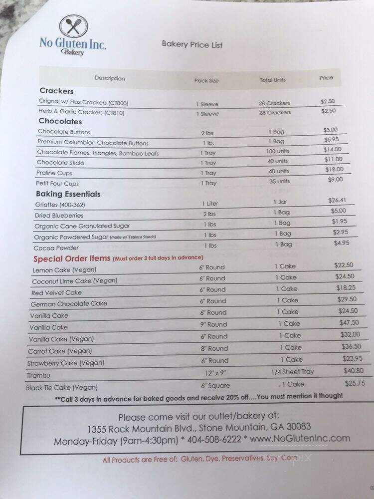No Gluten - Stone Mountain, GA menu_pic