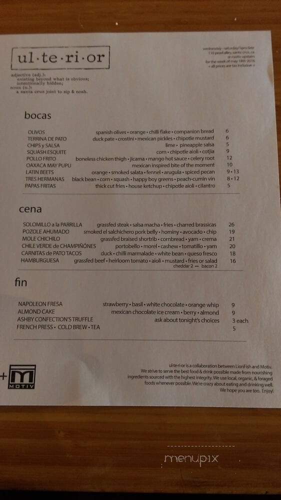 Ulterior - Santa Cruz, CA menu_pic