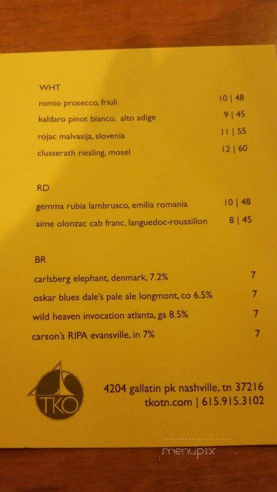 TKO - Nashville, TN menu_pic