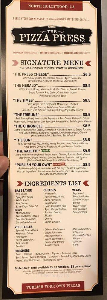 The Pizza Press - North Hollywood, CA menu_pic