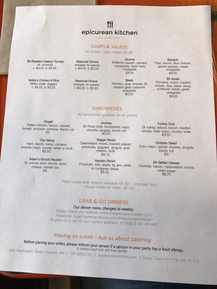 The Epicurean Kitchen - Hanover, MA menu_pic