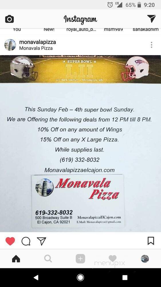 Monavala Pizza - El Cajon, CA menu_pic