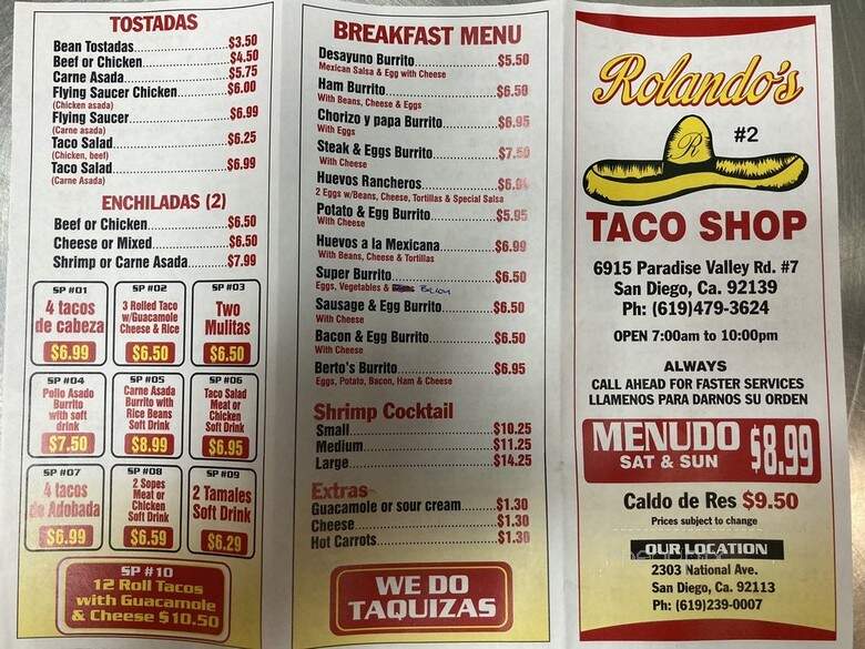 Rolando's Taco Shop - San Diego, CA menu_pic