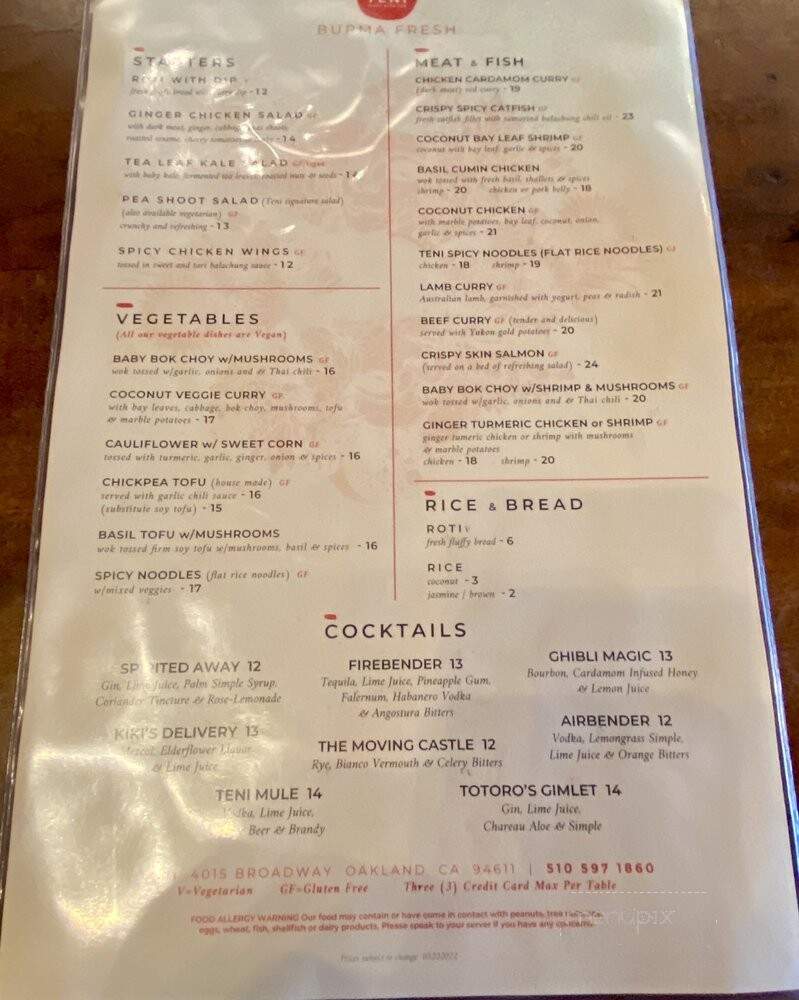 Teni East Kitchen - Oakland, CA menu_pic