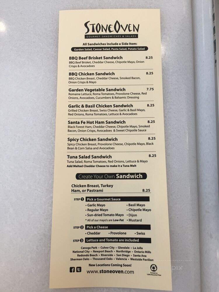 Stone Oven Gourmet Sandwiches & Salads - West Covina, CA menu_pic