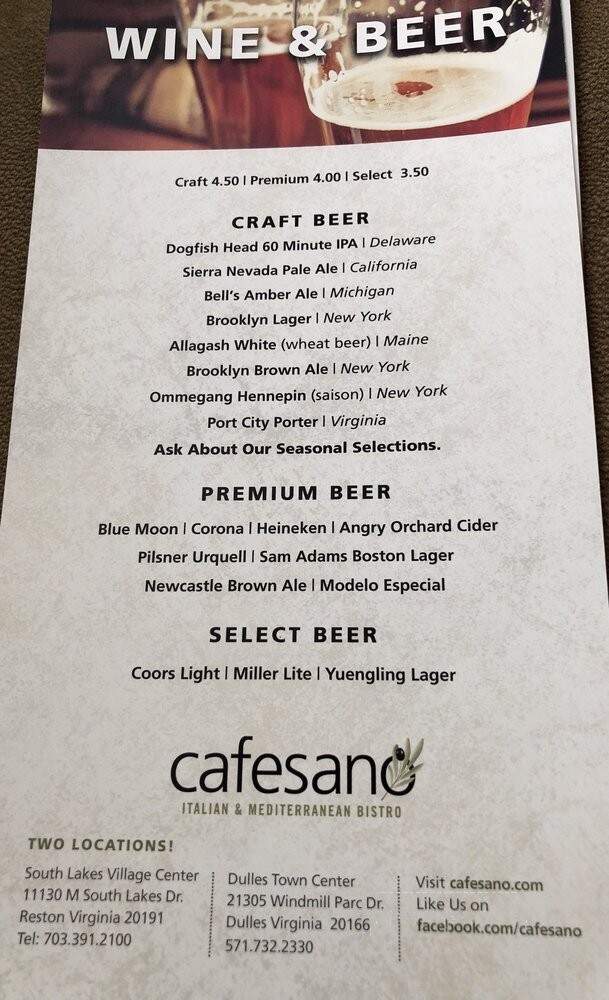 Cafesano - Dulles, VA menu_pic
