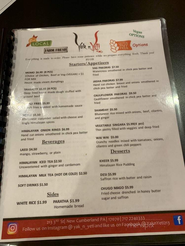 Yak N Yeti - New Cumberland, PA menu_pic