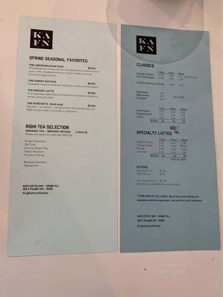 Kafn Coffee Bar - Glendale, CA menu_pic