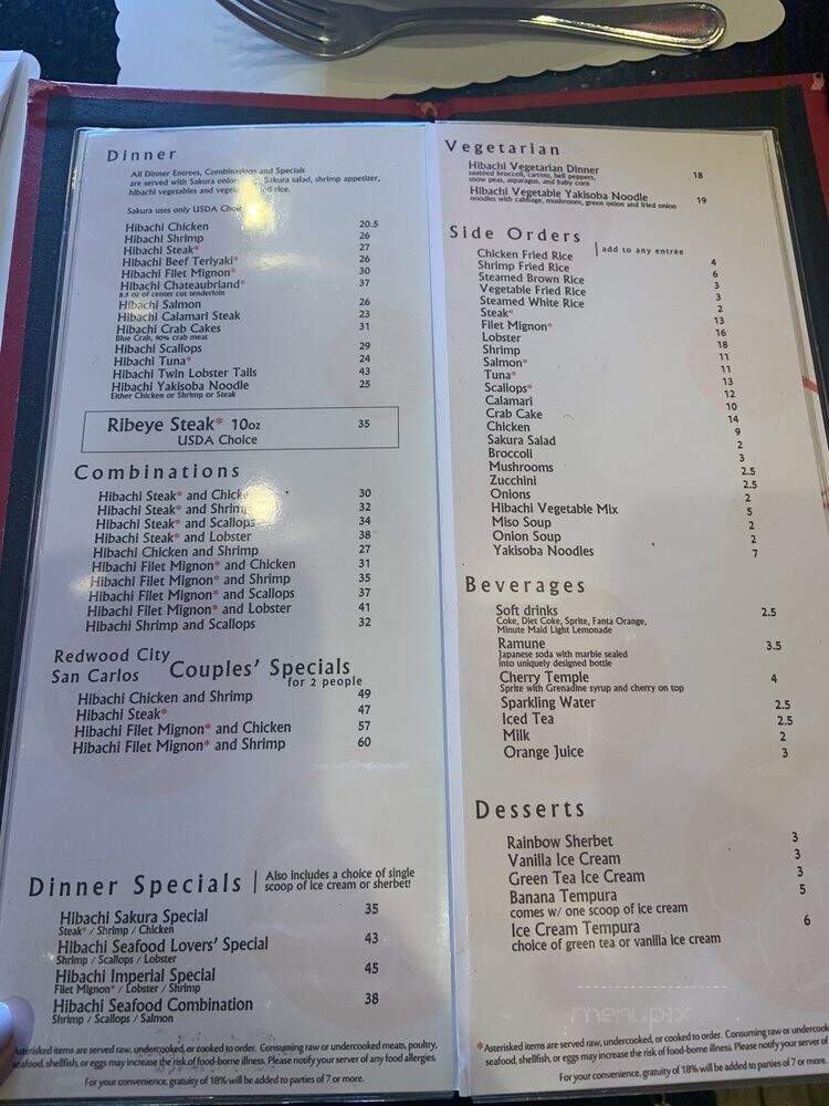 Sakura Teppanyaki & Sushi - San Carlos, CA menu_pic