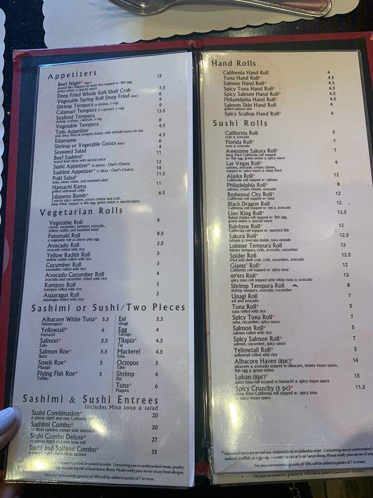 Sakura Teppanyaki & Sushi - San Carlos, CA menu_pic