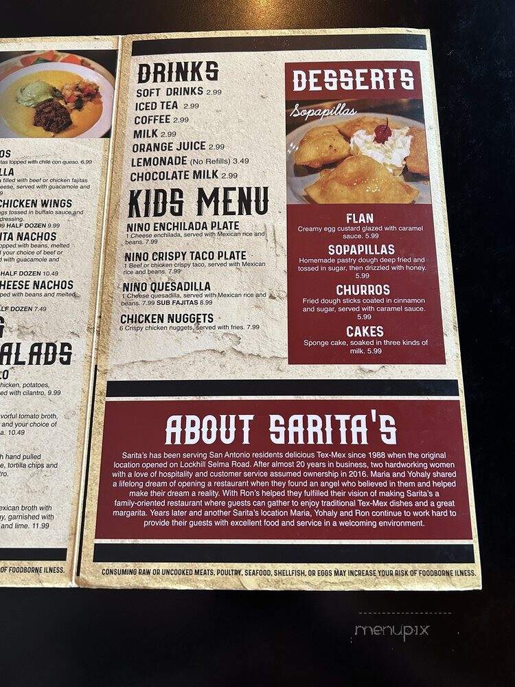 Sarita's Mexican Restaurant - San Antonio, TX menu_pic