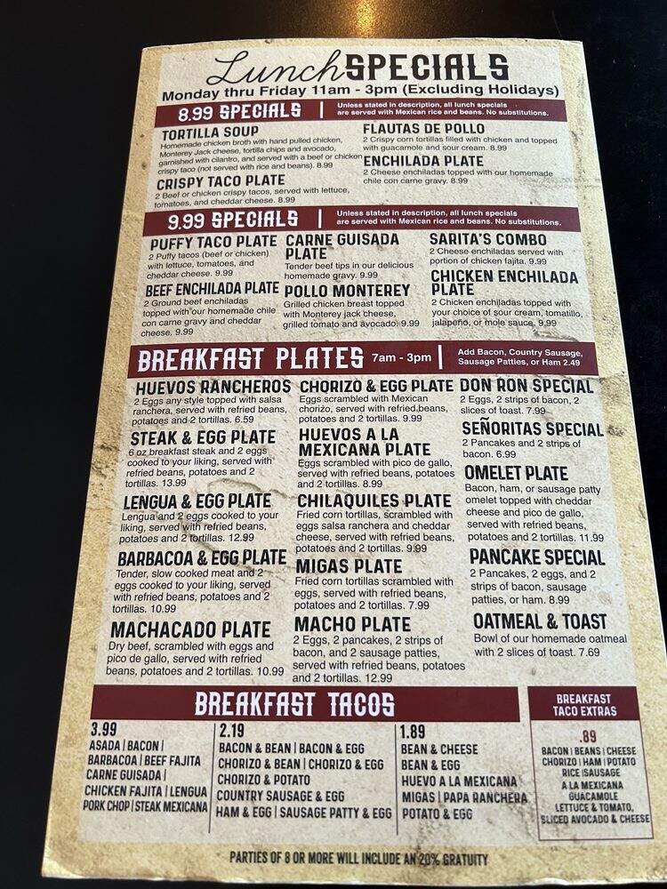 Sarita's Mexican Restaurant - San Antonio, TX menu_pic