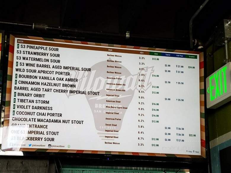 Kilowatt Brewing - San Diego, CA menu_pic