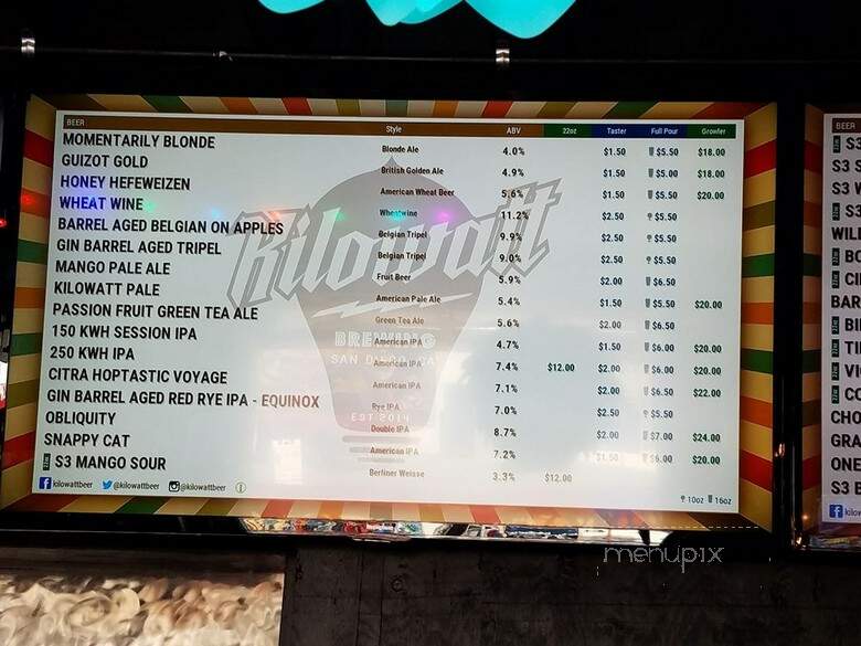 Kilowatt Brewing - San Diego, CA menu_pic