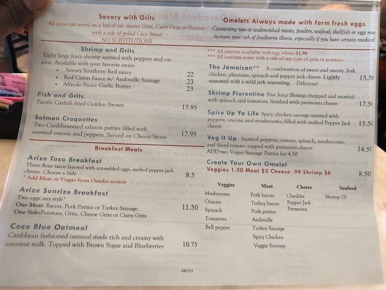 Arize Breakfast Cafe - Atlanta, GA menu_pic