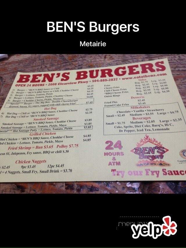 BEN's Burgers - Metairie, LA menu_pic