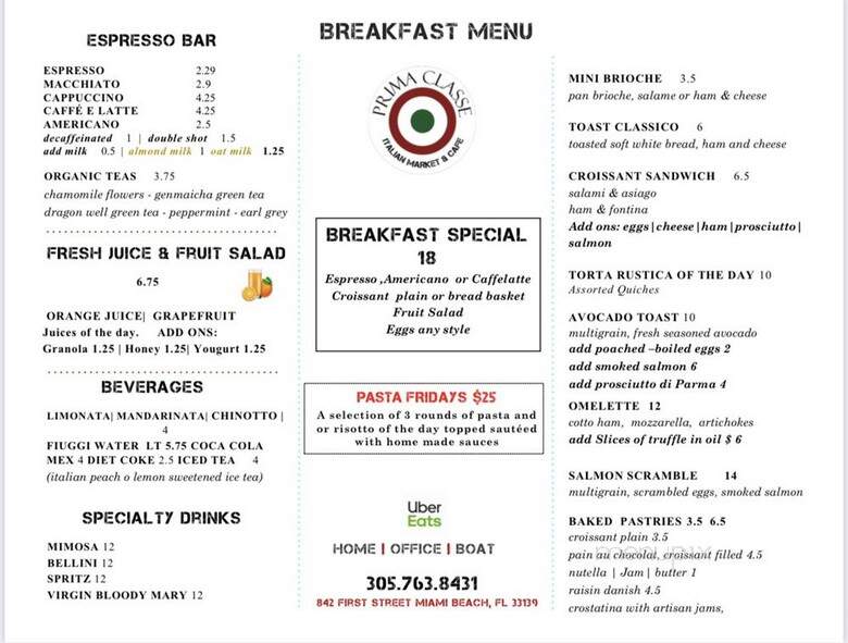 Prima Classe - Miami Beach, FL menu_pic