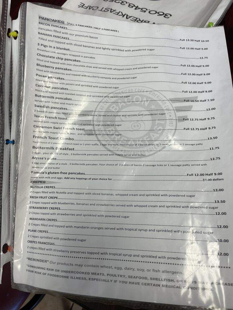 Bacon Breakfast Cafe - Marysville, WA menu_pic