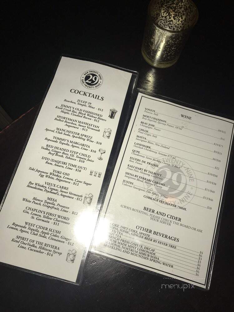 Bar 29 - Santa Barbara, CA menu_pic