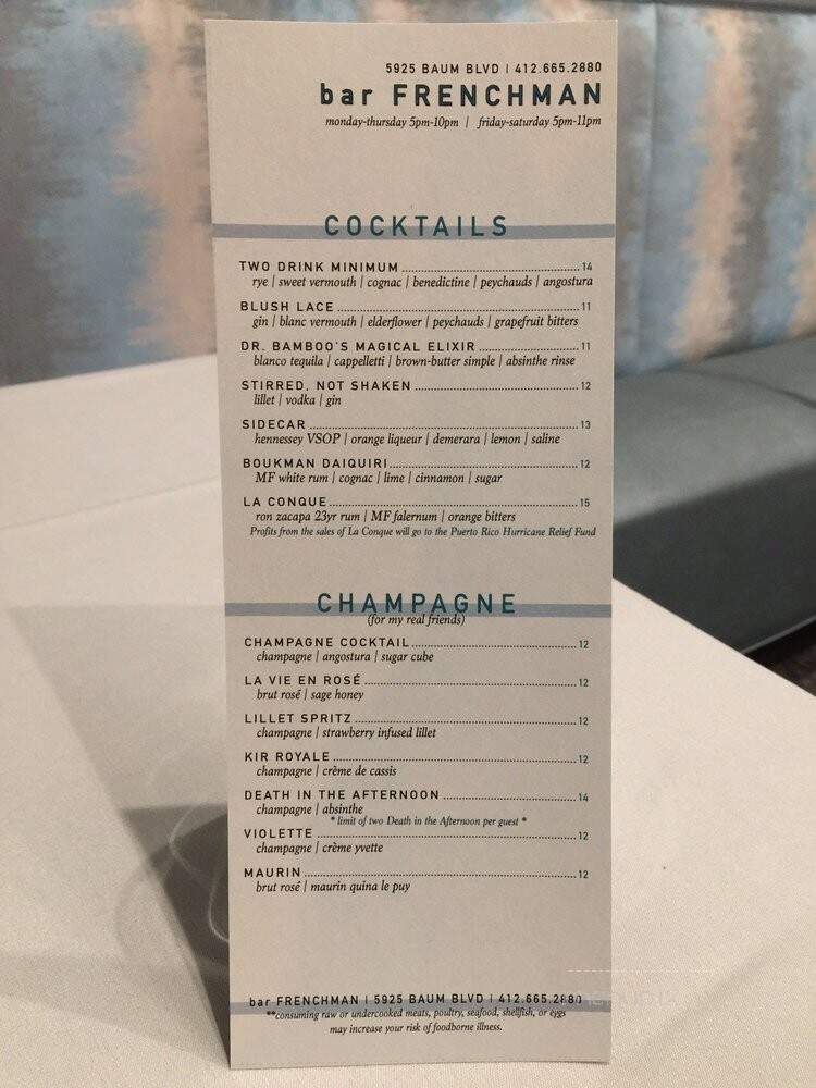 Bar Frenchman - Pittsburgh, PA menu_pic