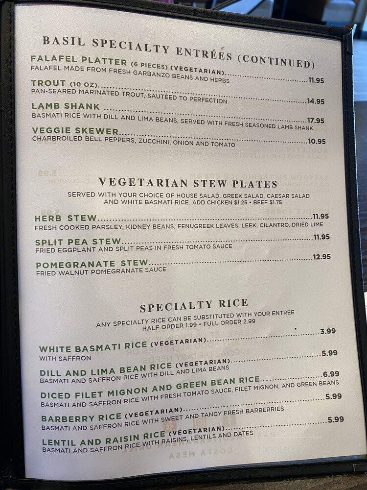 Basil Mediterranean Grill - Costa Mesa, CA menu_pic