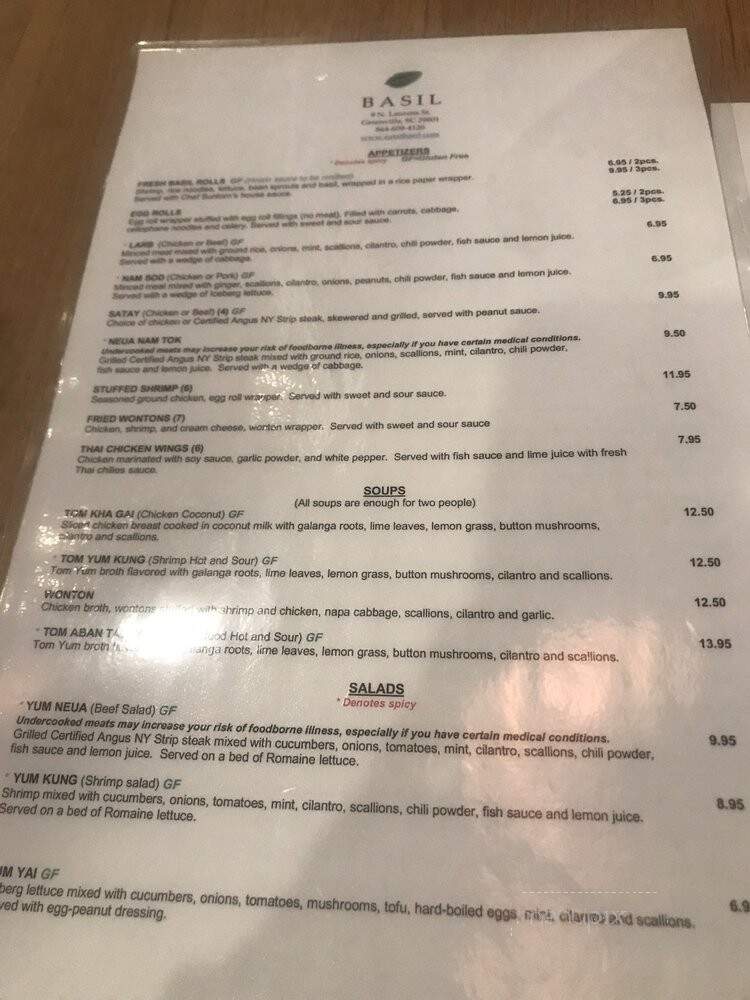 Basil Thai Cuisine - Greenville, SC menu_pic