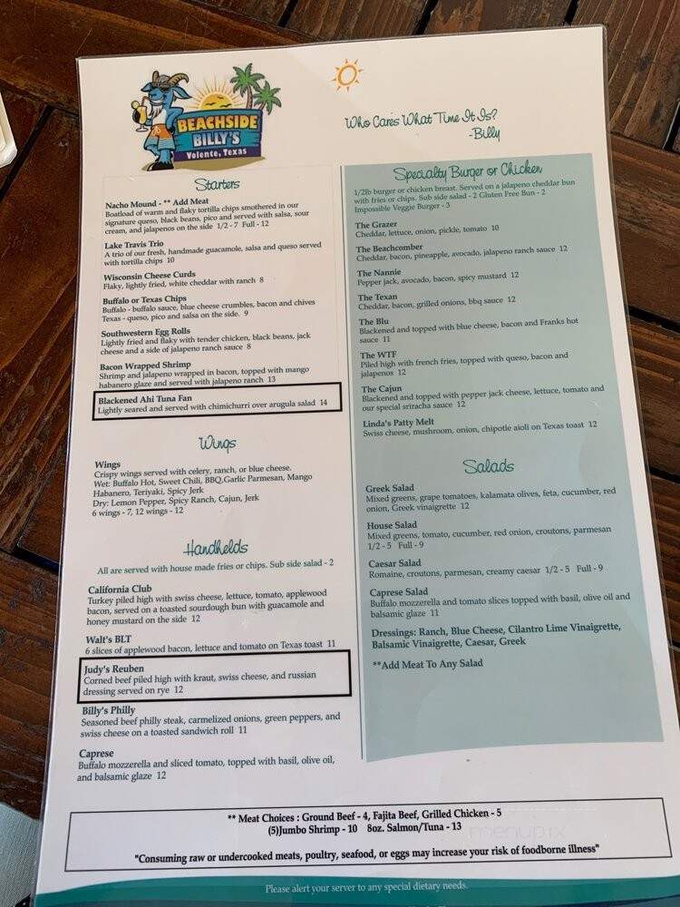 Beachside Billys - Austin, TX menu_pic