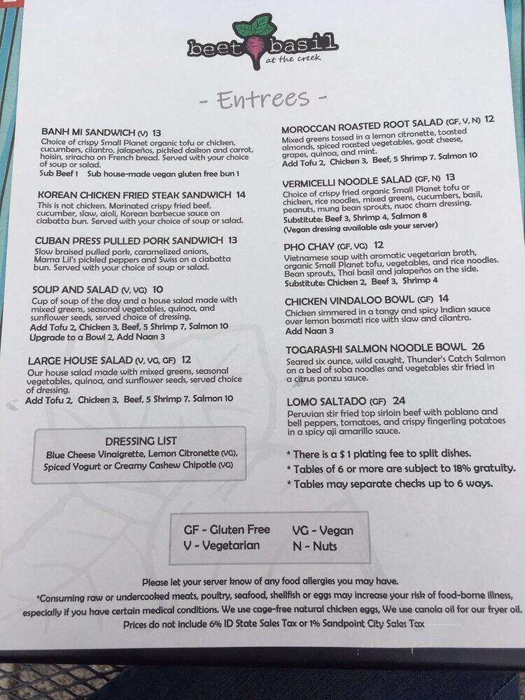 Beet and Basil at the Creek - Sandpoint, ID menu_pic