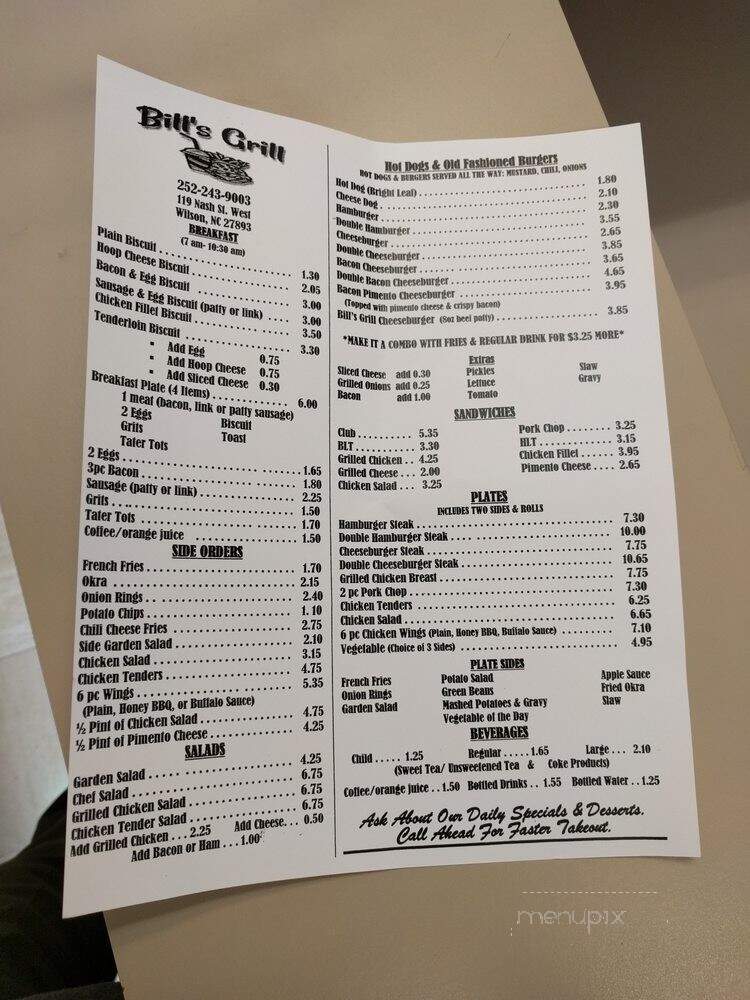 Bill's Grill - Wilson, NC menu_pic