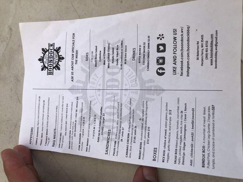 Boondock BBQ & Grill - Harpers Ferry, WV menu_pic