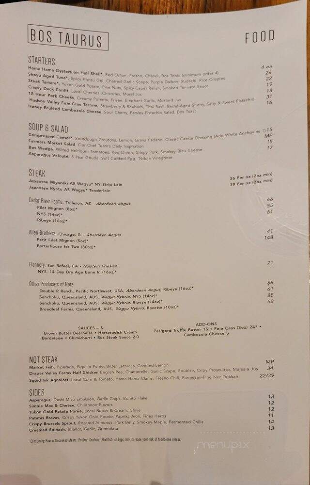 Bos Taurus - Bend, OR menu_pic