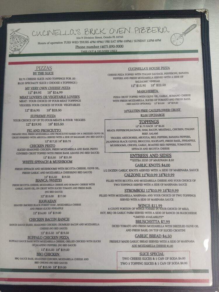 Cucinella's Brick Oven Pizzeria - Oviedo, FL menu_pic