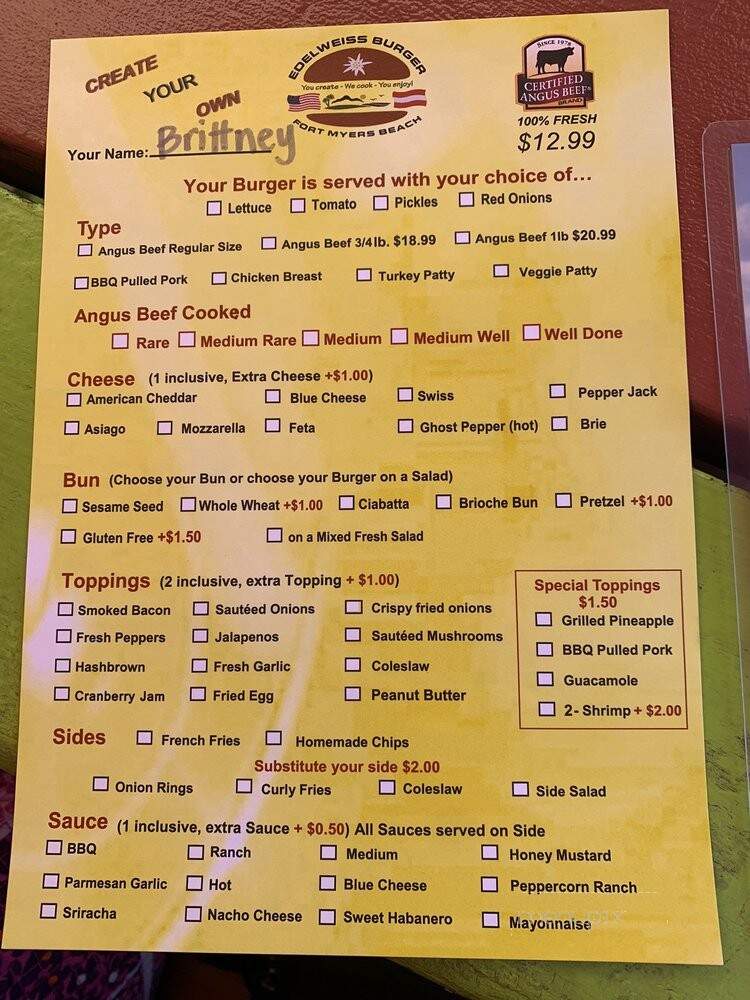 Edelweiss Burger - Fort Myers Beach, FL menu_pic