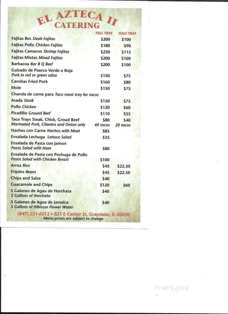 El Azteca II - Grayslake, IL menu_pic