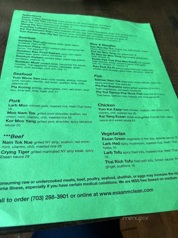 Esaan Northeastern Thai Cuisine - McLean, VA menu_pic