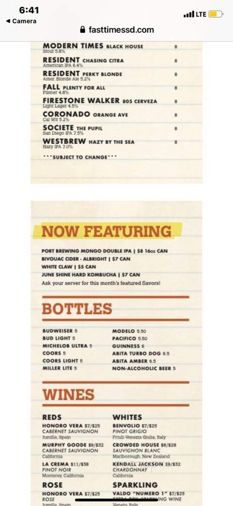 Fast Times - San Diego, CA menu_pic