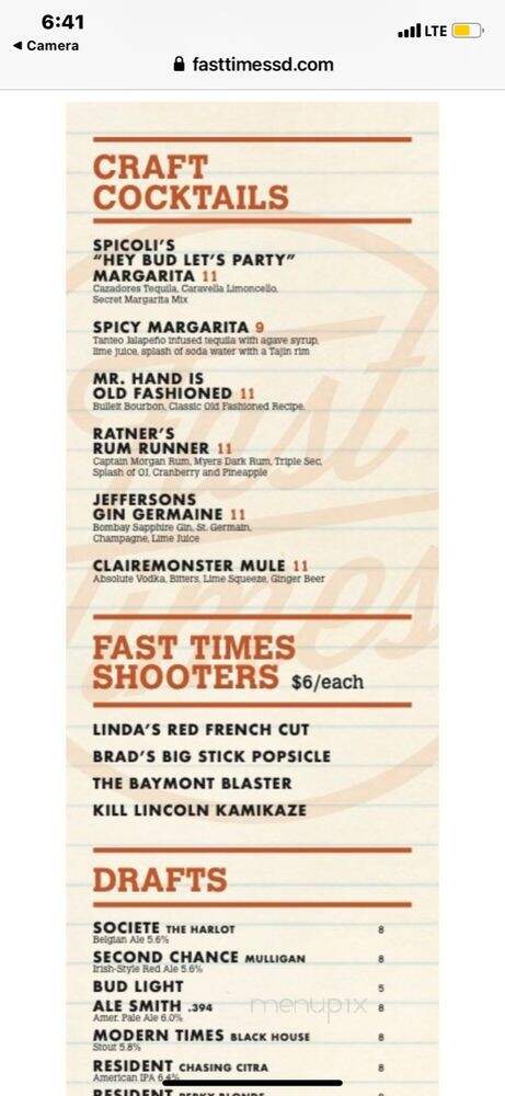 Fast Times - San Diego, CA menu_pic