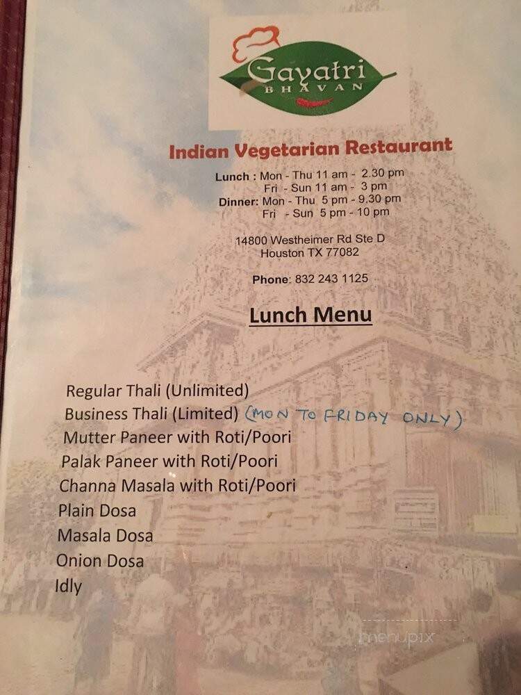 Gayatri Bhavan - Houston, TX menu_pic