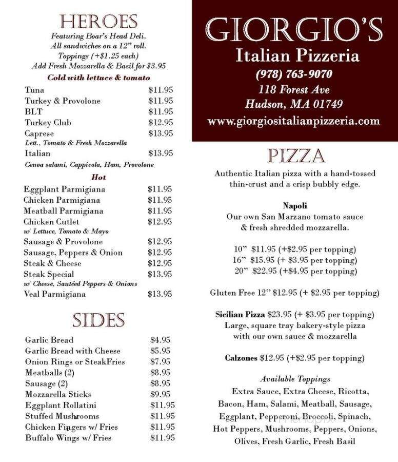 Giorgio's Italian Pizzeria - Hudson, MA menu_pic