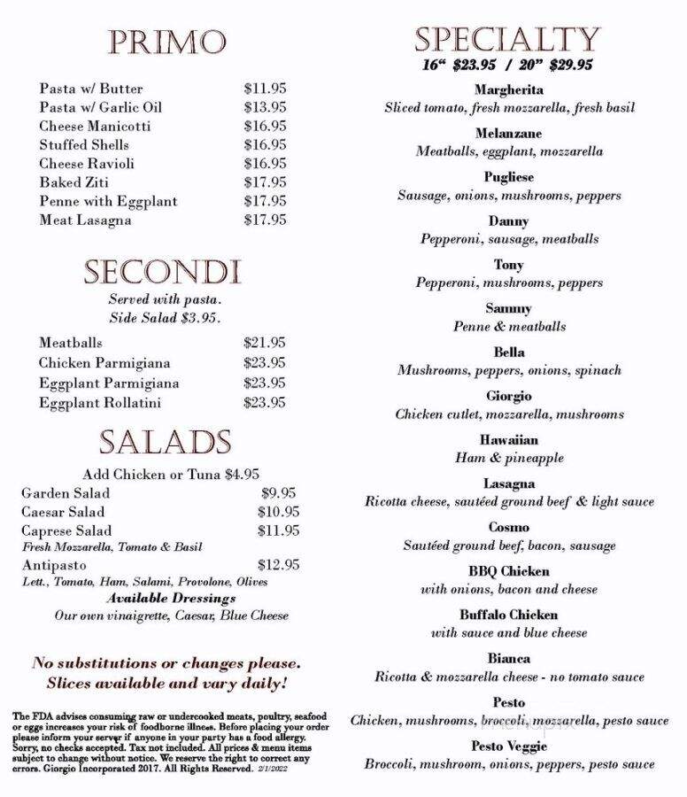 Giorgio's Italian Pizzeria - Hudson, MA menu_pic