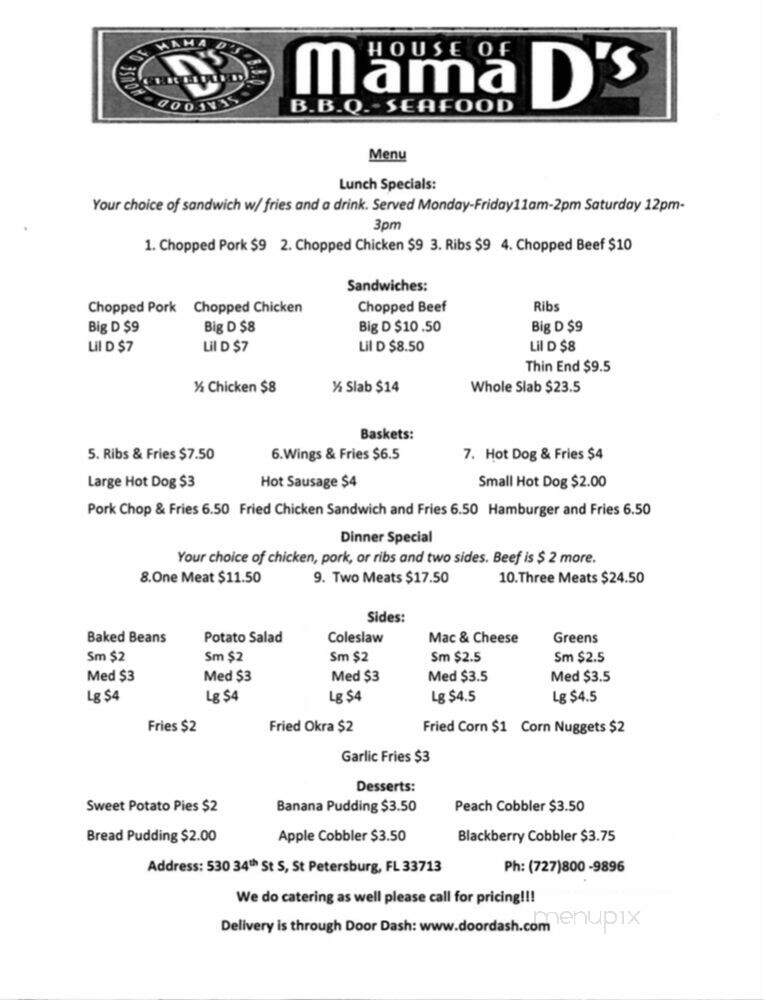House of Mama D's Barbecue And Seafood - Saint Petersburg, FL menu_pic