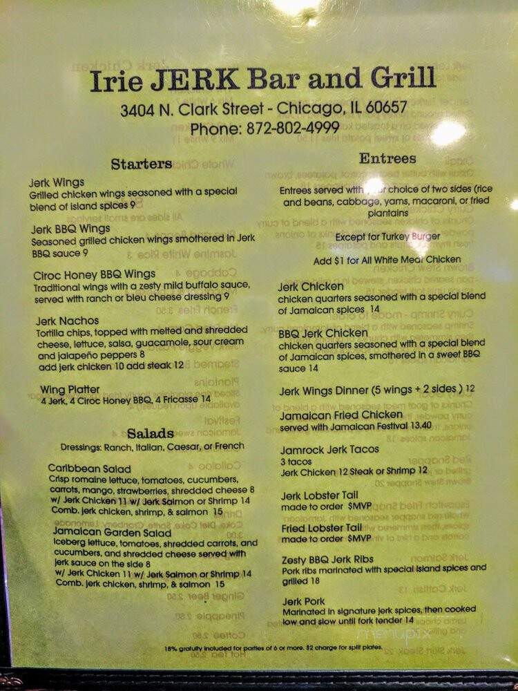 Irie Jerk Bar and Grill - Chicago, IL menu_pic