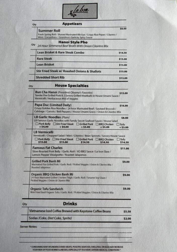 Le Bon - Sunnyvale, CA menu_pic