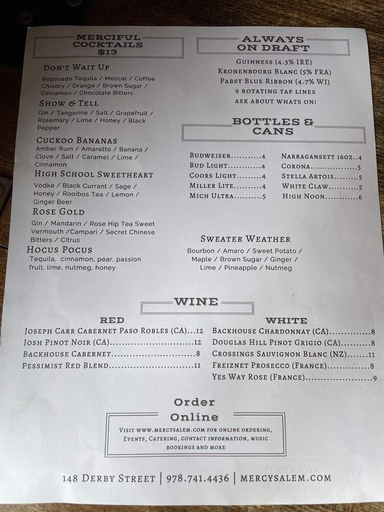 Mercy Tavern - Salem, MA menu_pic