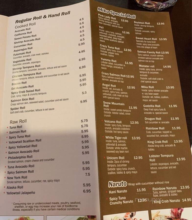 Miku Sushi & Asian Cuisine - West Boylston, MA menu_pic